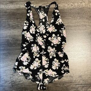 Forever 21 Black Floral Racerback Romper with Pink & Cream Roses